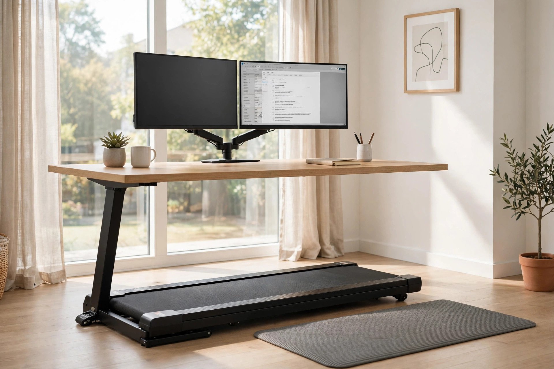 Complete treadmill desk setup with dual monitors