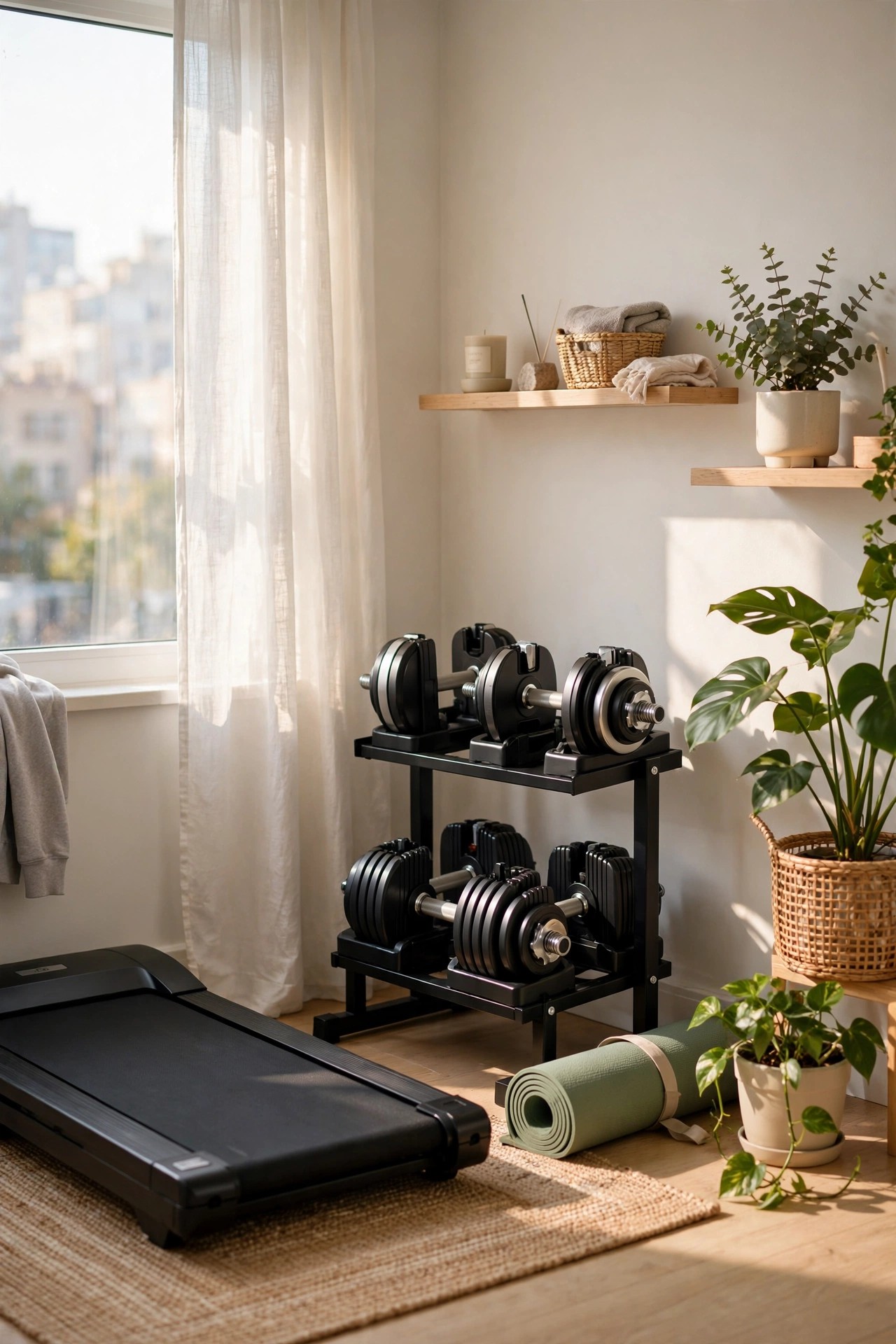A compact home gym corner — the kind of setup that goes on sale every holiday season