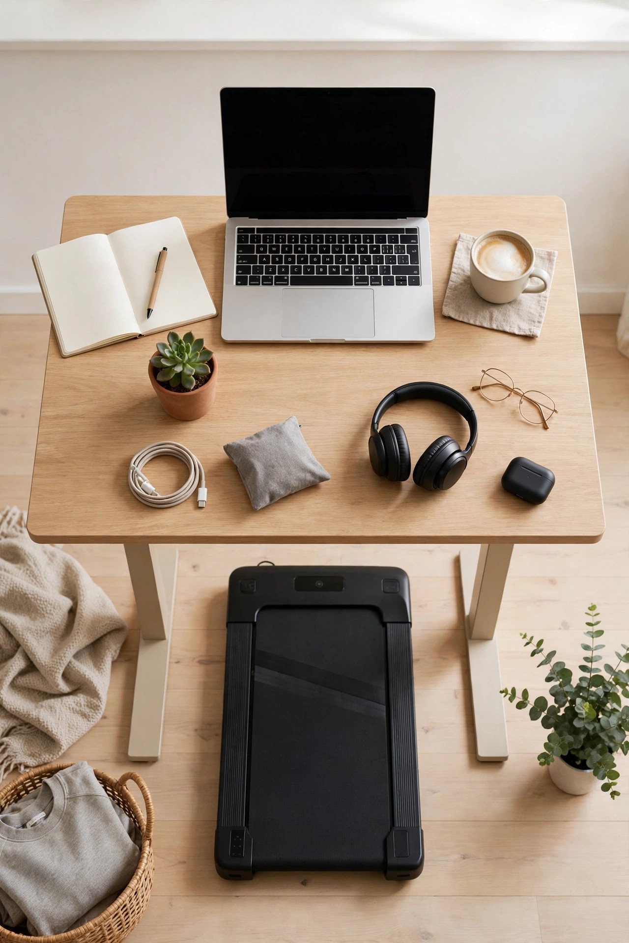 A tidy standing-desk workstation with a walking pad underneath