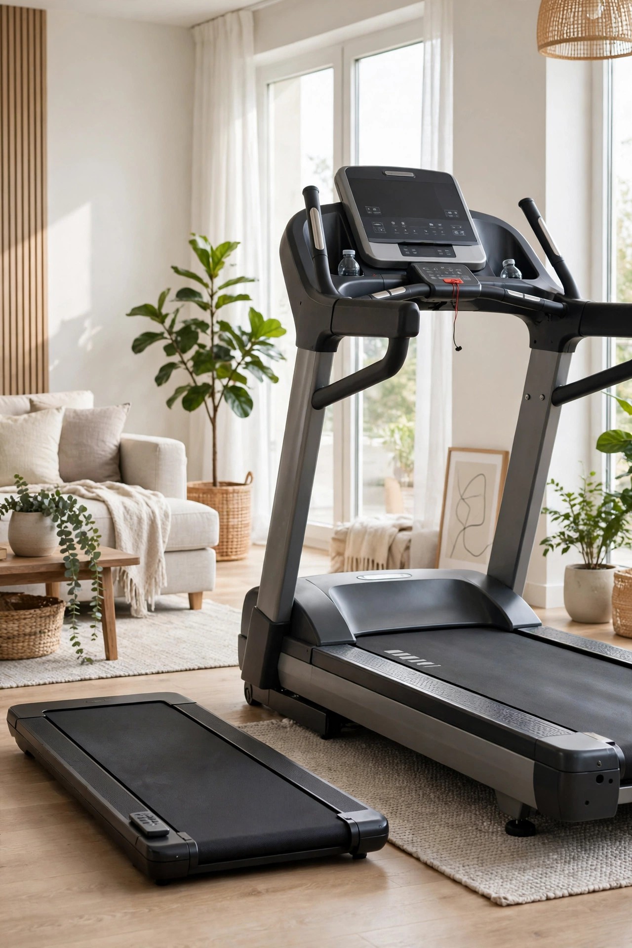 A slim walking pad next to a large traditional treadmill for size comparison