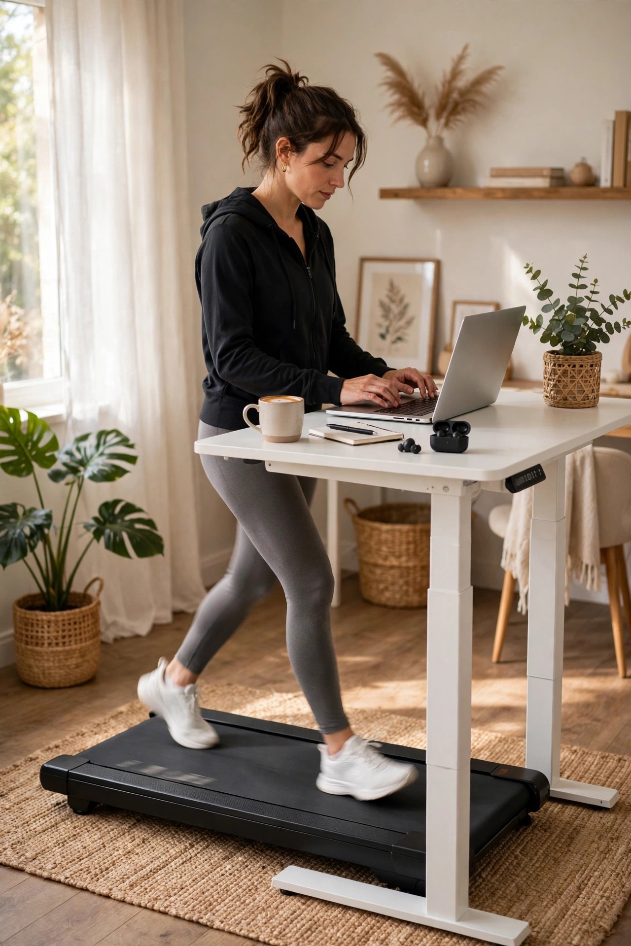 Walking pad under a standing desk in a bright home office