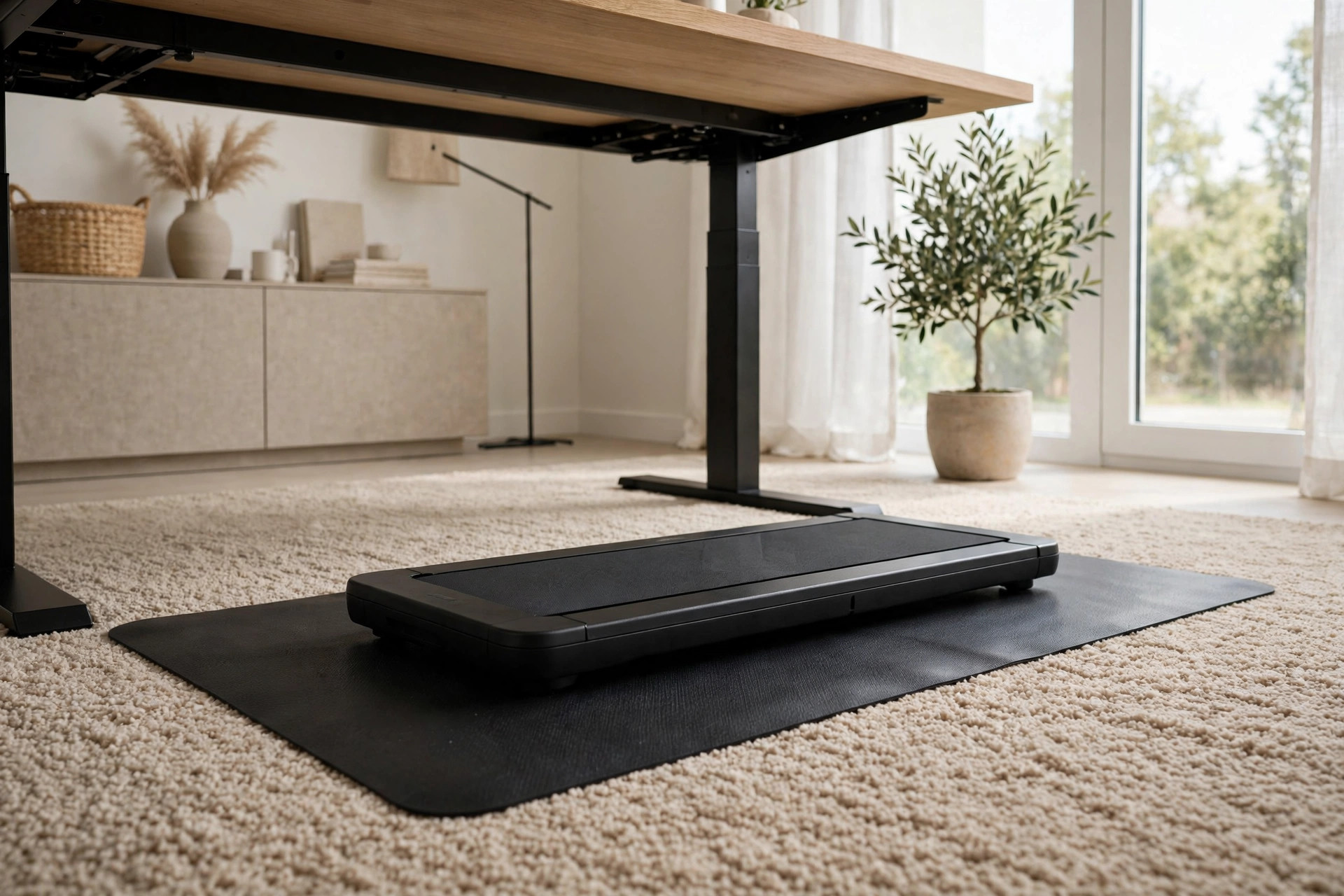 Walking pad on a treadmill mat over thick living-room carpet